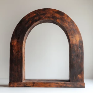 A wooden archway, centered in the image. The arch is carved from a single piece of dark brown wood, exhibiting natural wood grain patterns and variations in tone.  The archway has a smooth, semi-circular shape and appears to be part of a larger wooden structure.  The wood has a rich, dark brown color with lighter, streaky highlights.  The interior of the archway is completely black. The archway sits atop a horizontal wooden base or lintel, which matches the color and grain of the arch. The framing of the archway, with its pillars and base, provides a sense of depth and structure. The background is a plain, light gray or white wall. The overall style is rustic, minimalist, and natural, evoking a sense of warmth and organic beauty. The lighting is even, casting no distinct shadows within the image, which enhances the focus on the wood texture and its details. The perspective is straight-on, looking directly at the archway.