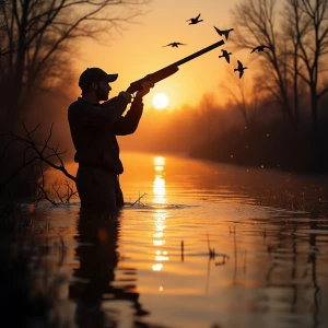 shooting hour, as the sun rises and mallards are raining in, bre...