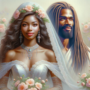 Create a 3-D realistic oil, painting of a beautiful African-American bride. She has long flooring, wavy hair and her gown has beautiful jewels around the neckline. in the background there is a beautiful African-American Jesus Christ with long dreadlocks, and he is smiling. He is very handsome pastel flowers throughout the image.