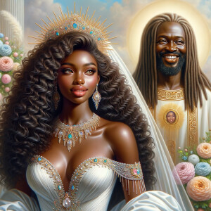 Create a 3-D realistic oil, painting of a beautiful African-American bride. She has long flooring, wavy hair and her gown has beautiful jewels around the neckline. in the background there is a beautiful African-American Jesus Christ with long dreadlocks, and he is smiling. He is very handsome pastel flowers throughout the image.