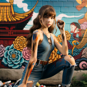 teenage girl, long brown hair and bangs, wearing tight skinny jeans and a halter top paint marks on her clothing, heroic pose Asian graffiti background, nearing on one knee