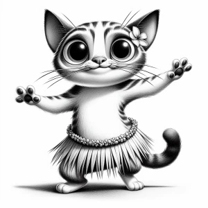 A cartoon ilustration style cat with a fun expression and expressive eyes, with a houla skirt, dancing with arms horizontally positioned. isolatd on a White background, drawn in black and white pencil art