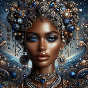 "Create a portrait of a regal  latino woman with an ethereal and cosmic theme. Her skin is a glossy tan brown, with a smooth and flawless finish that reflects light. Her eyes are a striking electric blue, like sapphires, with a makeup that accentuates their shape and the intensity of their color. Her hair is styled into an intricate array of braids, coils, and twists that cascade down and frame her face, adorned with beads and jewels that catch the light. She wears an elaborate headdress made of swirling patterns and motifs that evoke the mysteries of the universe, studded with shimmering stones and intricate enamel work in hues of blue and gold. Her attire consists of a cascade of layered necklaces and a majestic, shoulder-grazing earring, each piece detailed with a mix of precious stones, metals, and intricate beadwork. The background is a tapestry of stars and nebulas, suggesting a connection to the cosmos. Her pose is serene, with a hand gracefully touching her chin, adorned with rings that complement her other jewelry, all coming together to suggest an aura of wisdom and grace."