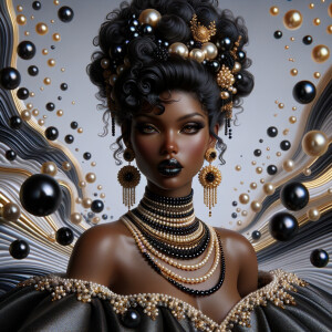 Imagine a digital portrait of a light skinned African-American Latino regal woman named KAREN Her attire and accessories are exclusively adorned with black and gold pearls. They grace her voluminous hair, styled in an elegant updo, where the black pearls form the roots and the gold pearls create the stunning curls. Her ears boast chandelier earrings, with black pearls clustered at the top, transitioning to gold pearls that dangle with delicate grace. Around her neck, a tiered necklace cascades with strands of alternating black and gold pearls, reflecting a sophisticated contrast.

Her shoulders are draped with a luxurious off-shoulder gown, the fabric's weave incorporating intricate patterns formed by black and gold pearls. The gown's texture has a subtle sheen, suggesting a high-quality material with a pearlescent finish. As a centerpiece, a grand brooch sits at her collar, with a large gold pearl surrounded by an elaborate design of smaller black pearls.

The background of the portrait features an abstract composition of floating pearls, swirling in a dance of shadows and light, emphasizing the color theme of black and gold. The name "KAREN" is discreetly integrated into the lower right corner of the artwork, blending seamlessly with the design, as if it were a signature part of the jewelry ensemble. The overall effect is one of timeless elegance, a blend of modern design and classic beauty, all tied together by the luxurious palette of black and gold.