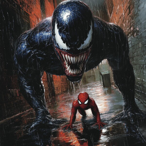 Image an image of Venom on a firescape above and Spider-Man over...