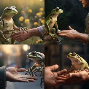 a humanoid beautiful frog greets a man by the hand, realistic ph...