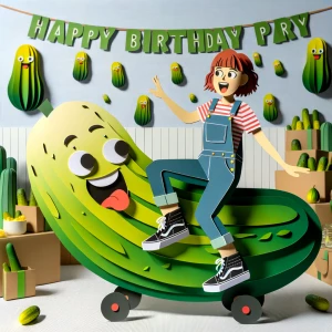Pickle themed Birthday party! Pickle! Woman with short red hair...