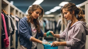 A girl in the locker room 
cleaning up her clothes 
with water