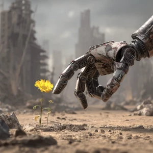 the robot's metal finger touches the yellow petals of the flower...