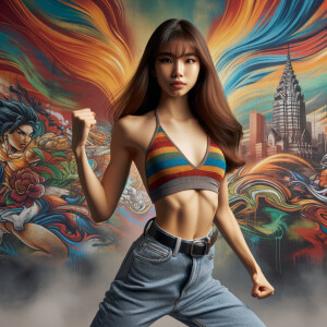 Athletic Thin skinny Attractive, Asian teenage girl, long brown hair and bangs, wearing tight skinny jeans and a halter top paint marks on her clothing, heroic pose Asian graffiti background