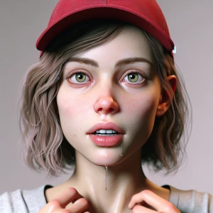 Generate a hyper-realistic portrait of a woman waring a red base...