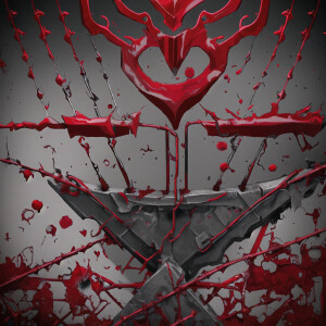 chrome, blood red heart, spiky, barbed wire, simple and art-like