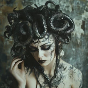 Hollywood make-up, a woman  painted to look Medusa, full-body ph...