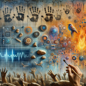 Cave Art with Handprints symbols for fire, water and air, macro, circuitry, cellular structures, DNA paint brushes and artc pallets small birds, flying cardiogram print out slide detector print electromagnetic fields linear grid golden ratio