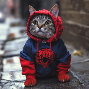 Cat wearing Spiderman clothes