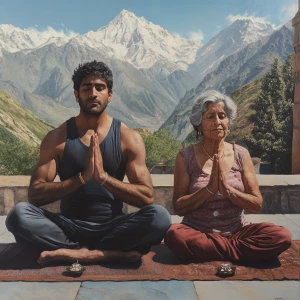 Hyperrealistic painting 1:1,A muscular man and his 50-year-old K...