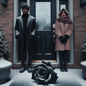 On the threshold of their house, in winter, a man and a woman fo...