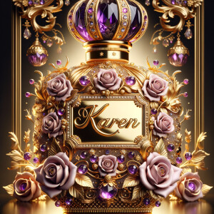 Craft an image of an ornate perfume bottle, with a luxurious design featuring purple roses and intricate gold detailing. At the center of the bottle, include an elegant, raised gold script that spells out the name 'Karen'. The bottle should exude opulence with a jeweled crown-like cap and a background that suggests sumptuousness and sophistication. The script should be harmonious with the lavish design, standing out against the purple and gold palette.