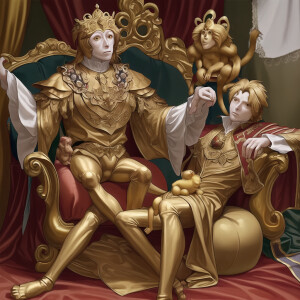 Hyper realistic golden monkey sitting on a throne in the renaiss...