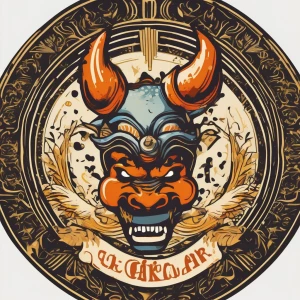 Design a cartoon-style circular logo featuring a cheeky demon we...