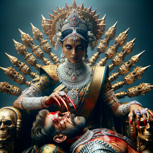portrait of intense looking, four-armed indian goddess sitting...