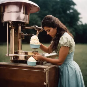Woman hand cranking ice cream in an original small wooden bucket...