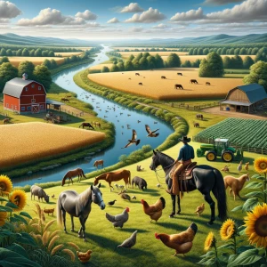 Sunny clean sky with clouds. river, forest, fields of golden whe...