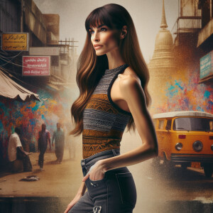 Athletic Thin skinny Attractive, Asian teenage girl, long brown hair and bangs, wearing tight skinny jeans and a halter top paint marks on her clothing, heroic pose Asian graffiti background, side view