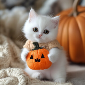 white kitten holding a pumpkin doll
