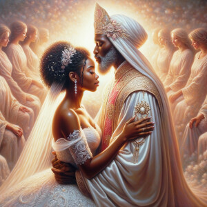 Imagine a hyper-realistic oil painting that captures a tender moment between theAfrican American bride and her God. The setting is intimate and filled with soft, warm lighting that enhances the emotional depth of the scene. The bride, in herexquisite wedding gown, shares a heartfelt embrace with her african-American Lord Jesus , who is dressedin an elegant outfit that complements the wedding's color scheme. Their expressions are full of love, pride, and joy, reflecting the special bond between them. Theattention to detail is paramount, from the intricate designs of their dresses to the subtle emotions conveyed in their facial expressions. The background is a blur ofgentle pastel hues, ensuring that the focus remains on this touching moment. Thispainting should convey the warmth, love, and depth of the relationship, with the rich textures and vibrant strokes characteristic of oil paintings, capturing the essence of this significant pre-wedding moment.