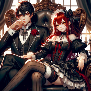 Lilith as a girl with elegant gothic lolita dress sit on the lap...