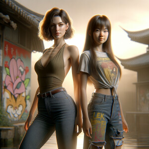 Athletic Thin skinny Attractive, Asian teenage girl, long brown hair and bangs, wearing tight skinny jeans and a halter top paint marks on her clothing, heroic pose Asian graffiti background, backside view