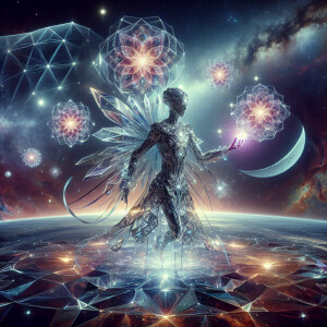 A shimmering metallic alien mage with intricate crystal flowers...