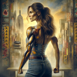 Athletic Thin skinny Attractive, Asian teenage girl, long brown hair and bangs, wearing tight skinny jeans and a halter top paint marks on her clothing, heroic pose Asian graffiti background, backside view