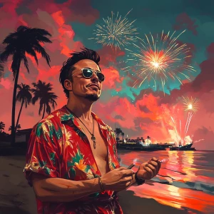 Elon Musk..Standing on the beach in beach clothes smoking cigare...