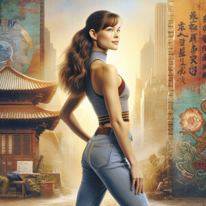 Athletic Thin skinny Attractive, Asian teenage girl, long brown hair and bangs, wearing tight skinny jeans and a halter top paint marks on her clothing, heroic pose Asian graffiti background, backside view