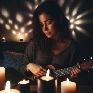 A woman in her 30s sits serenely in a dimly-lit room with a dark...