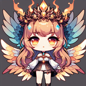 A cute   chibi girl with cute wings and glowing eyes and fire cr...