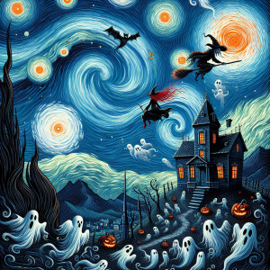 Starry night inspired. Halloween night, spooky ghost swirled in...