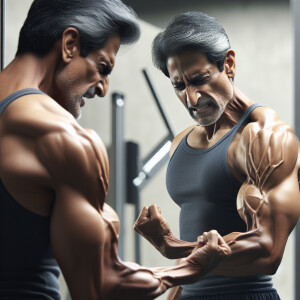 Create a 3D Ultrahigh hyper realistic picture of a guy flexing h...