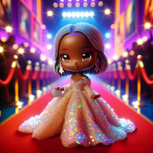 A 3-D realistic, light skin African-American chibi in an elegant...