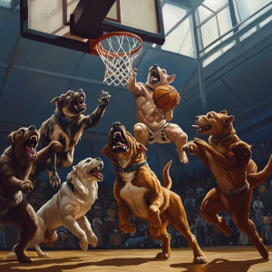 Muscular anthropomorphic dogs representing various breeds playin...