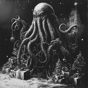 H R Giger inspired image of Cthulhu celebrating Christmas