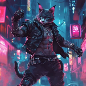 A humanoid cat character, with a rugged appearance, positioned i...