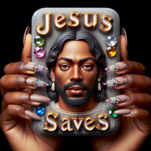 A 3D realistic artwork featuring the phrase 'Jesus Saves' adorne...