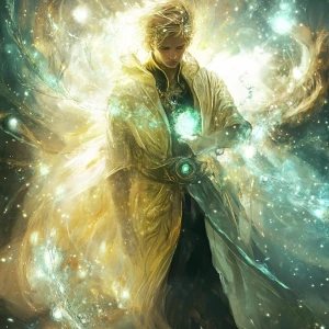 A luminously ethereal elysian warlock, exuding an aura of myster...
