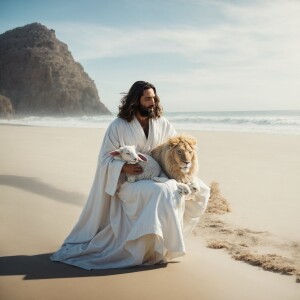 Jesus wearing a white robe with a blue sash riding a magestic li...