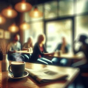 A small table in a quaint café, with a cup of steaming coffee an...