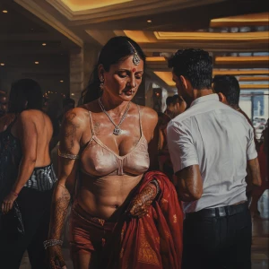 Hyperrealistic painting.A sweaty beefy son in law walking with h...