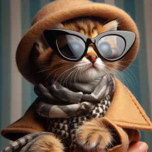 A tiny tabby cat dressed in a stylish outfit, complete with a pa...